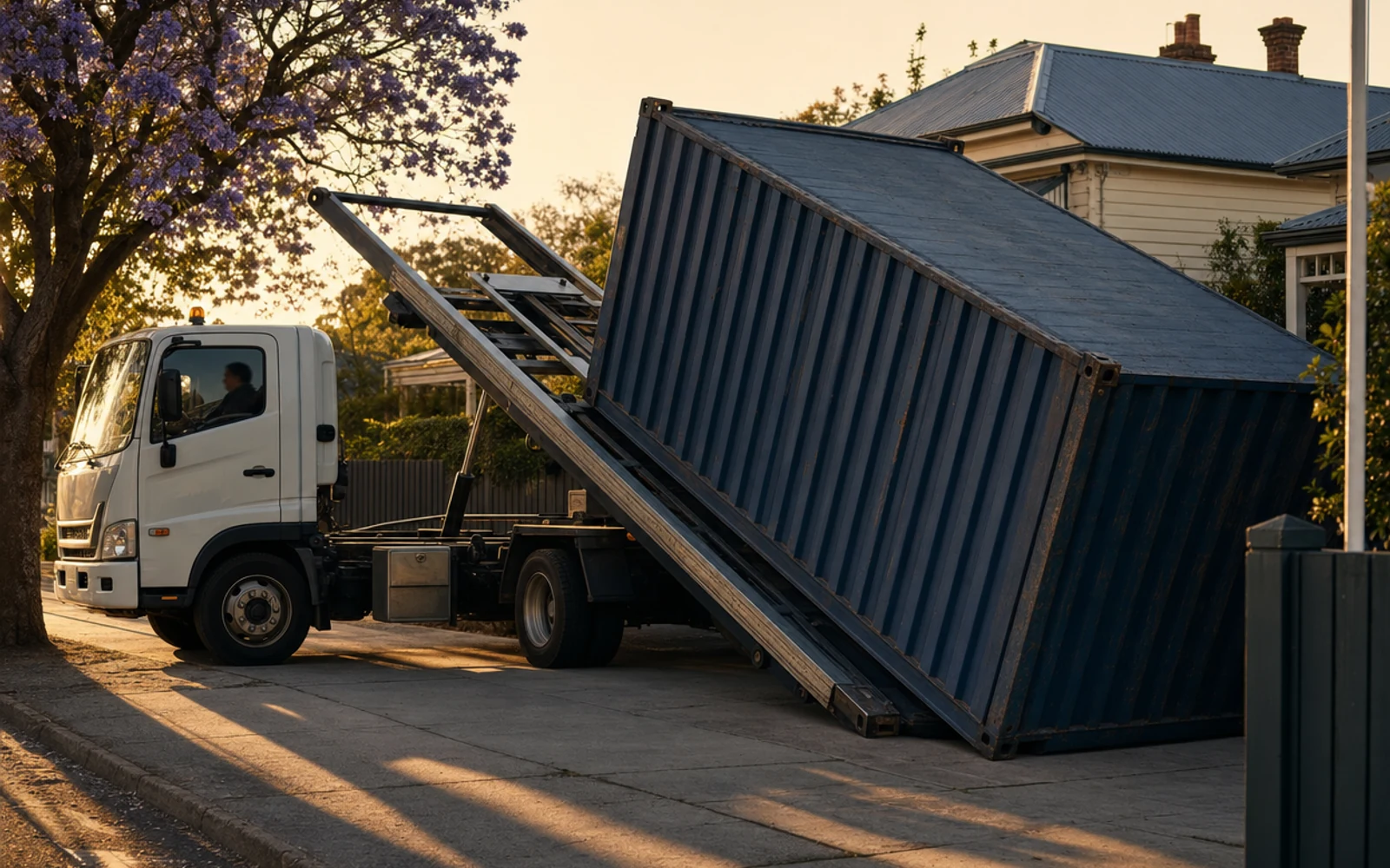 A shipping container being slid off the back of a tilt-tray truck onto a Melbourne residential driveway at golden hour.