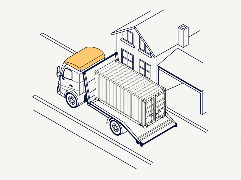Isometric line drawing of a tilt-tray truck sliding a shipping container off its tilted flatbed onto a residential driveway.