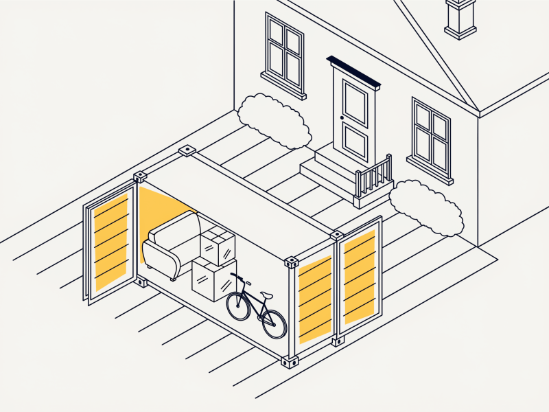 Isometric line drawing of an open shipping container on a driveway with household items inside.